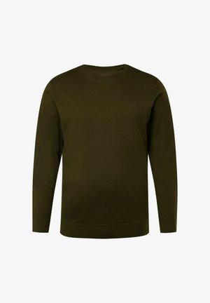 Olivenfarbener langärmliger Sweatshirt aus Baumwollmischung mit Rundhalsausschnitt, gerippten Bündchen und einem dezenten Logo auf der Brust. Glatte Textur.