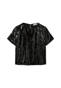 Sort pailletetop med korte ærmer, rund halsudskæring og lynlås lukning bagpå. Pailletterne skaber et struktureret, glitrende mønster.