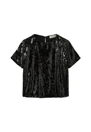 Melna spīdīgu sekvīnu blūze ar īsām piedurknēm, apaļu kakla izgriezumu un aizmugures rāvējslēdzēju. Sekvīni veido teksturētu, mirdzošu rakstu.