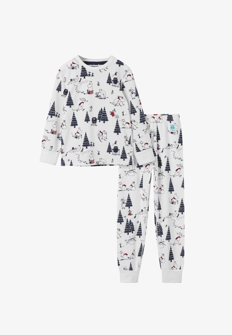 White pajama set featuring long-sleeved top and pants. Material is soft with a playful print of trees and whimsical characters in navy and red.