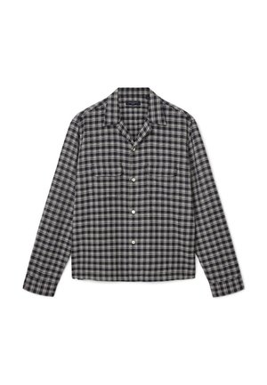 Geruit shirt in marineblauw en crème, met een spitse kraag, lange mouwen, twee borstzakken en een knoopsluiting aan de voorkant. Gemaakt van katoen.