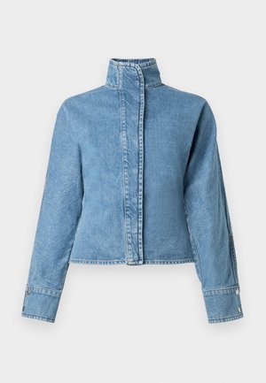 Denim jacket in light blue with high collar, front snap closure, and long sleeves featuring button accents. Smooth texture and tailored fit.