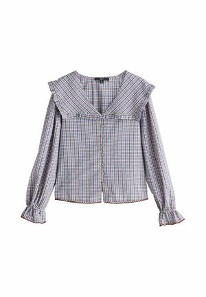 Nööbitud pika varrukaga pluus sinise ja pruuni ruuduga, lai meriitisäärik, volangidega mansetid ja ääris.