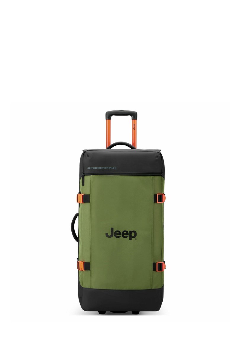 Bolsa de viaje de tela verde con detalles en negro y herrajes en naranja, que cuenta con un mango telescópico y un mango lateral. Logo de Jeep en la parte frontal.