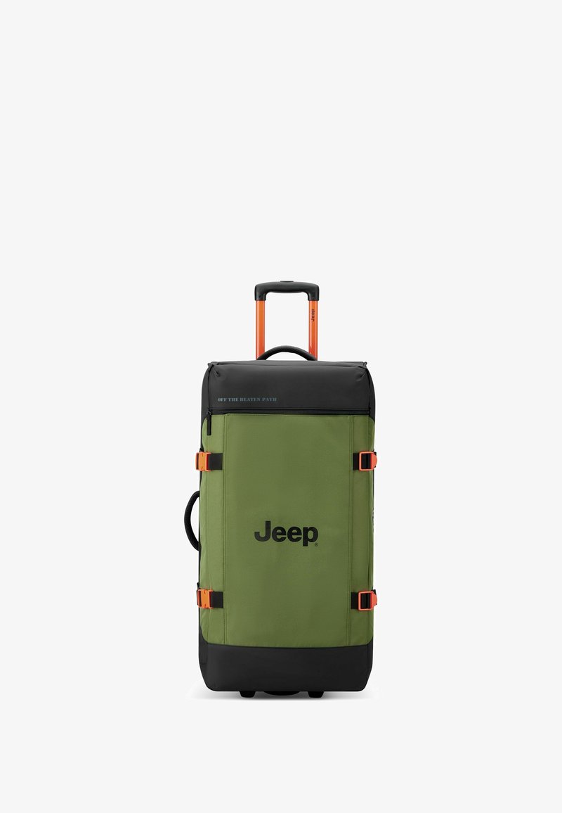 Borsa da viaggio in tessuto verde con accenti neri e hardware arancione, dotata di manico telescopico e manico laterale. Logo Jeep sulla parte frontale.