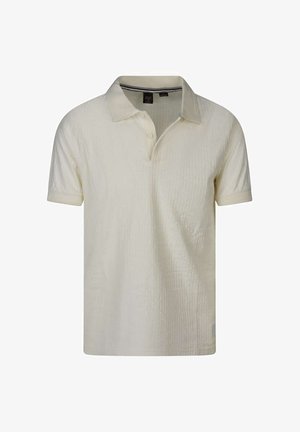 Polo a maniche corte color avorio con trama, con colletto e apertura con due bottoni, mostrata su sfondo bianco semplice.