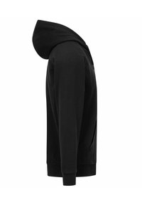 Felpa nera con cappuccio, tasca frontale, cappuccio con lacci e polsini a costine. Realizzata in tessuto morbido, mostra un design semplice e raffinato.