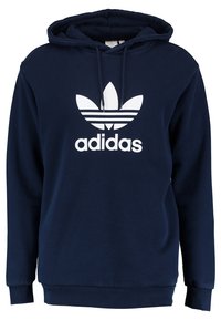 Mörkblå Adidas-hoodie med vitt trefoil-logotyp och "adidas"-text på bröstet, med en framficka och dragsko i huvan.