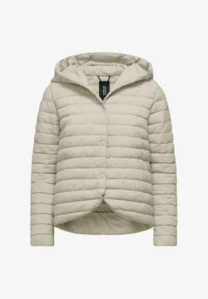 Giacca puffer beige chiaro con cappuccio, caratterizzata da un design trapuntato, chiusura a scatto e maniche lunghe. Texture liscia e forma compatta.