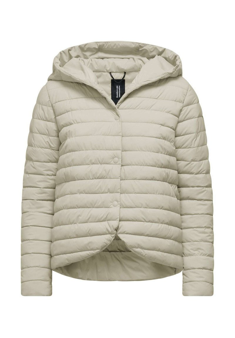 Giacca puffer beige chiaro con cappuccio, caratterizzata da un design trapuntato, chiusura a scatto e maniche lunghe. Texture liscia e forma compatta.