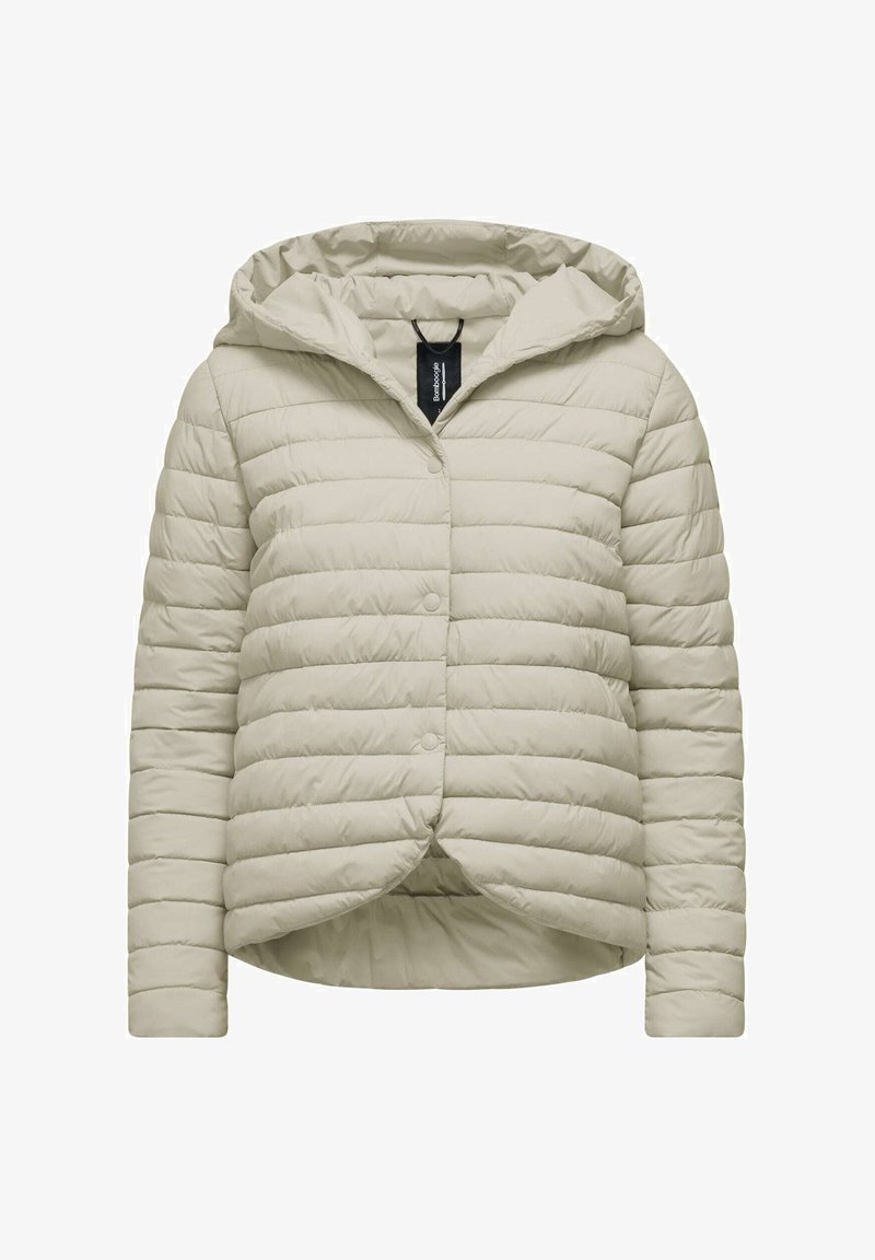 Giacca puffer beige chiaro con cappuccio, caratterizzata da un design trapuntato, chiusura a scatto e maniche lunghe. Texture liscia e forma compatta.