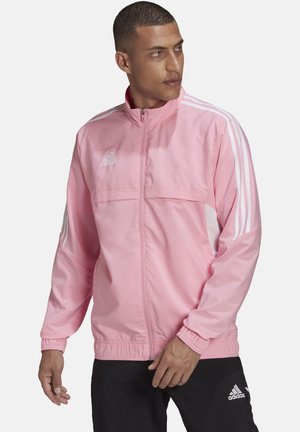 Roze zip-up jack met witte accenten, voorzien van een staande kraag, elastische manchetten en drie witte strepen op elke mouw.