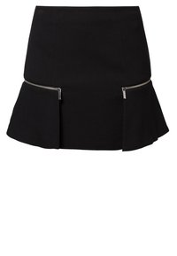 Jupe patineuse noire avec une taille ajustée et un ourlet évasé. Détails notables comprenant deux zippers à l'avant et un tissu lisse et texturé.
