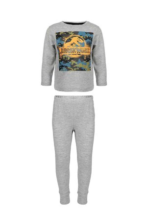 Helles graues Baumwoll-Pyjama-Set mit einem Langarmoberteil, das ein Dinosaurier-Motiv und ein Camouflage-Muster zeigt, kombiniert mit passenden Hosen.