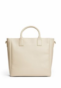 Borsa a tracolla beige realizzata in pelle liscia. Presenta due manici superiori, una tasca laterale con zip e un logo in rilievo discreto sulla parte frontale.