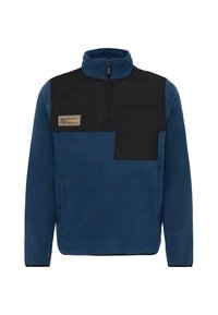 Sudadera de forro polar en azul oscuro con un panel negro y cuello con cremallera, que presenta un bolsillo en el pecho y una etiqueta con la inscripción "Dedicado a la perfección".