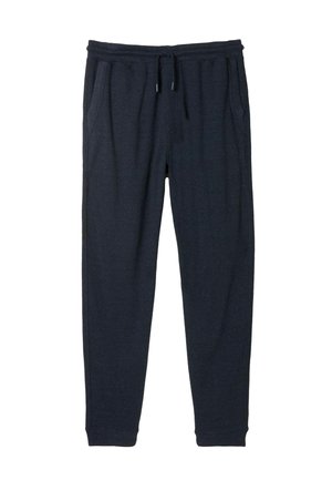 Navy jogger pants made of soft fabric, featuring an elastic waistband with drawstring, side pockets, and tapered leg openings.