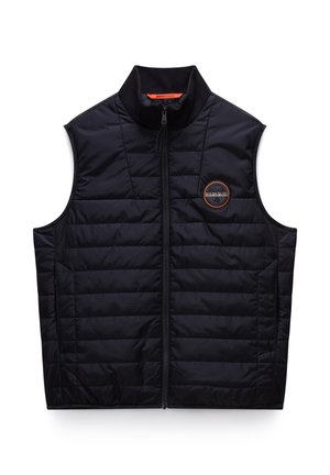 Zwarte mouwloze vest gemaakt van gewatteerde stof, met een hoge kraag, een rits aan de voorkant en een rond logo-opdruk met oranje accenten.