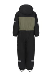 Zwart en olijfgroen gewatteerd sneeuwpak met een capuchon, elastische tailleband en reflecterende accenten. Beschikt over een soepele, duurzame buitenkant.