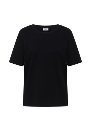 Sort t-shirt med korte ærmer og rund hals, med lige snit og et lille hvidt mærke på indersiden af halsudskæringen.