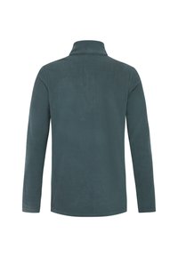 Donkergroene lange mouwen shirt met een hoge kraag, structuurstof en een ontspannen pasvorm. Heeft een subtiel wafelpatroon over de hele stof.