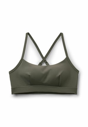 Brassière de sport vert olive à texture lisse, avec des bretelles croisées et un design simple. Pas de rembourrage ni d'armatures visibles.