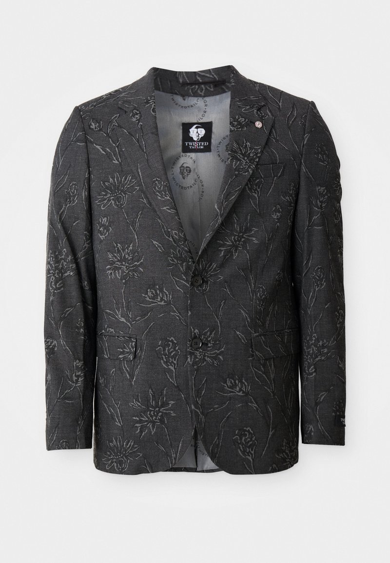 Blazer gris foncé avec motif floral gaufré, design à un bouton, deux poches avant et deux boutons noirs à l'avant.