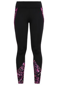 Leggings noirs avec des accents de motifs géométriques roses et violets sur les côtés inférieurs. Fabriqués en matériau extensible et lisse, avec un design ajusté.