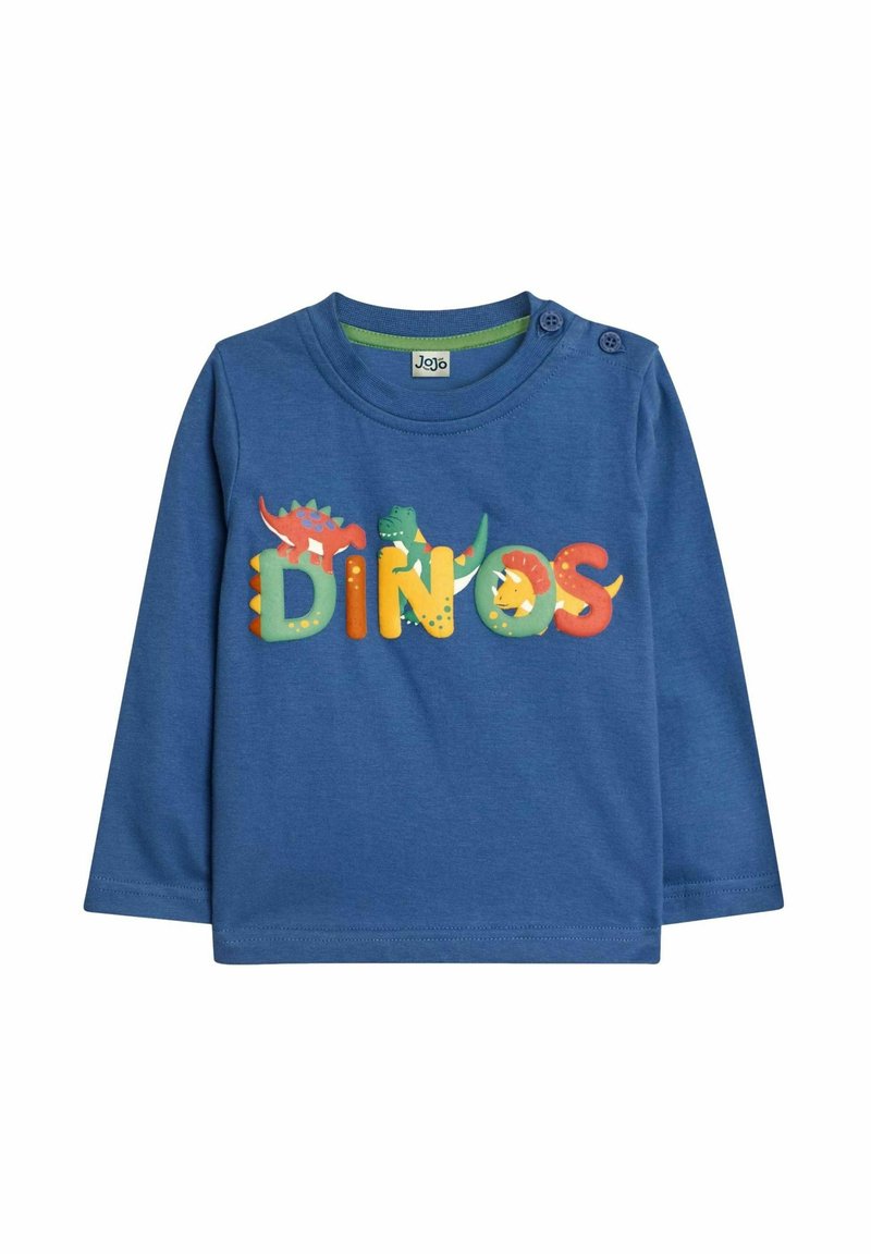 Kék, hosszú ujjú póló kerek nyakkal, színes "DINOS" felirattal és dinoszaurusz grafikákkal. Anyaga puha pamut, sima tapintású.