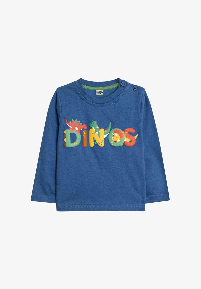 Sininen pitkähihainen t-paita pyöreällä kauluksella, jossa on värikkäät "DINOS" -tekstit ja dinosauruksen grafiikka. Materiaali on pehmeää puuvillaa, jossa on sileä rakenne.