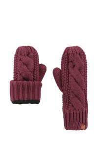 Geknoopte kastanjebruine wanten met een gevlochten patroon, geribbelde manchetten en een zwarte binnenvoering. Bevat een klein merkembleem.