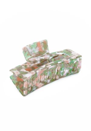 Fermaglio per capelli trasparente con un motivo marmorizzato nei colori verde, rosa e bianco. Forma rettangolare con bordi arrotondati e denti per una presa sicura.
