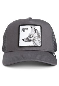 Graue Trucker-Cap mit einem soliden Frontpanel, das ein gesticktes Design von einem Silberfuchs und die Wörter "SILVER FOX" über dem Bild zeigt.