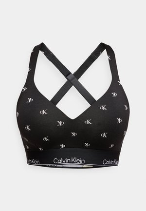 Sort BH med V-utringning, med et gjentakende "CK"-logomønster, kryssede stropper og et bredt elastisk bånd med "Calvin Klein"-merke.