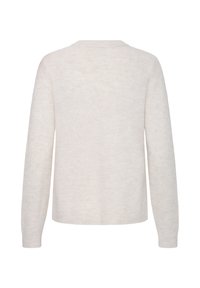 Pull uni beige clair à manches longues avec col rond, vu de dos sur fond blanc.