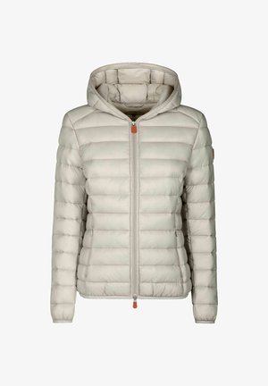 Light beige puffer jacket with a hood, featuring horizontal quilting, front zipper closure, and orange accent on the zipper pull.