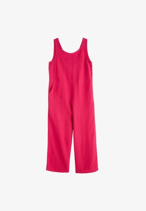 Rožiniai lininiai kombinezonai su apvalia kaklo iškirpte, plačiomis petnešomis, šoninėmis kišenėmis ir laisvu plačiu sijonu. Yra du mygtukų akcentai ant pečių.