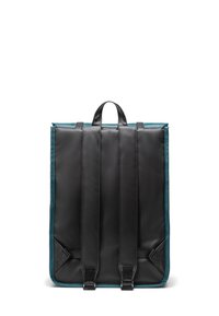 Black backpack with teal accents, constructed from smooth material, featuring adjustable straps, minimalistic design, and a top handle.