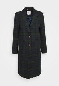 Károvaný kabát v tmavě zelené a námořnické modři, vyrobený z látky s hladkou texturou. Má klopový límec, dvě přední kapsy a dva knoflíky.