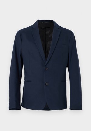 Marineblauer Blazer aus strukturiertem Stoff mit zwei vorderen Knöpfen, einer Brusttasche und dezenten Nähten an den Seiten.