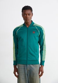 Jachetă verde cu fermoar, cu dungi laterale galbene și un logo roșu. Are guler înalt și manșete strâmte, fiind realizată dintr-un material neted și elastic.