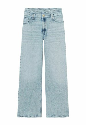 Jean large bleu clair en denim, avec une taille haute, des poches avant et un ourlet droit sans ornement.