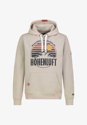 Beiger Hoodie mit Berggrafik, Sonnenuntergangsstreifen, gelber Sonne, schwarzem Text "HÖHENLUFT", vordere Bauchtasche und weißen Kordeln mit roten Akzenten.