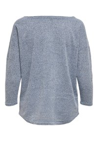 Vaaleansininen neulepusero, jossa on rento istuvuus, leveä pääntie ja 3/4-hihat. Rakennepintainen kangas, jossa on hienovarainen kuviointi. Pyöristetty helma.