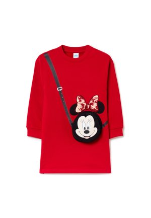Camisa roja de manga larga con la cara de Minnie Mouse en blanco y negro, con un lazo de lentejuelas y una correa desmontable para bolsillo cruzado.