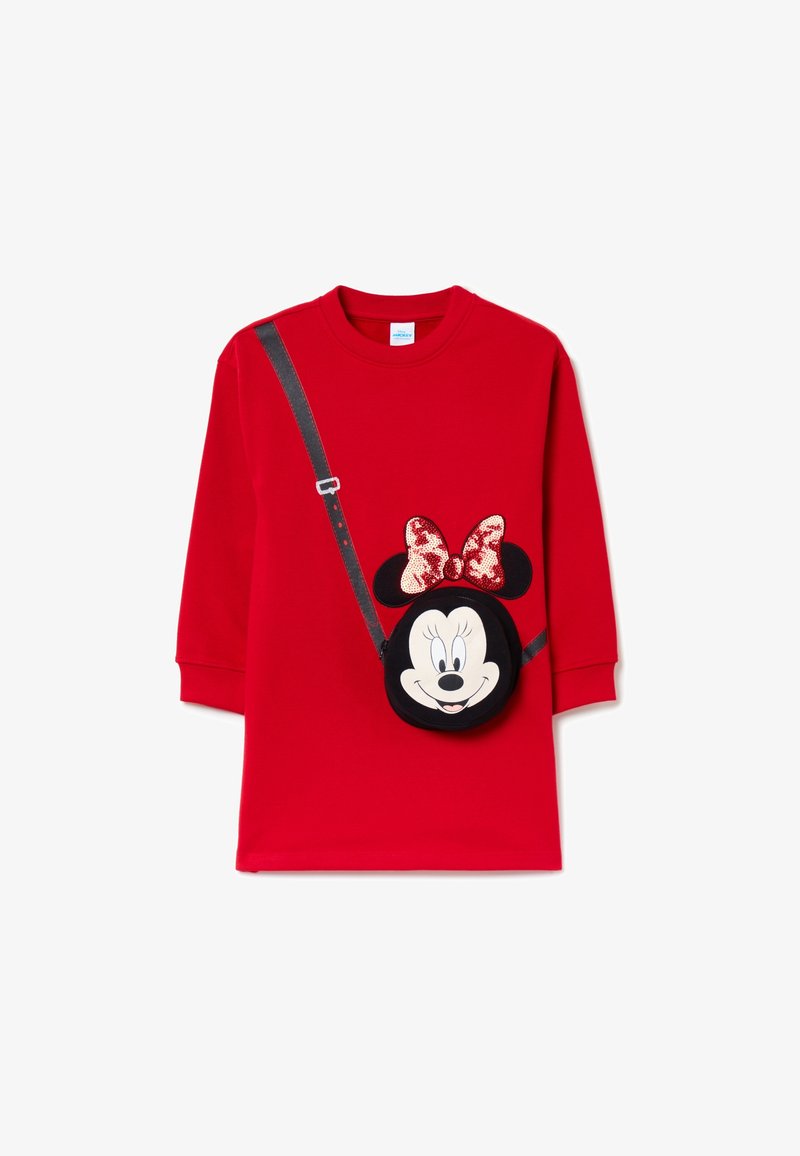 Chemise rouge à manches longues avec un visage de Minnie Mouse en noir et blanc, un nœud en sequins et une sangle amovible pour poche bandoulière.