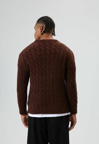 Bruine kabelgebreide trui met een gestructureerd oppervlak, voorzien van lange mouwen en een ronde hals, gedragen over een wit overhemd.