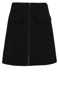 Gonna nera con taglio dritto, chiusura con zip frontale e due grandi tasche applicate. Realizzata in un tessuto liscio con una finitura elegante.