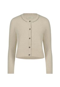 Cardigan beige chiaro con maniche lunghe, orlo a coste e scollatura rotonda. Presenta dettagli decorativi in perline lungo il colletto e chiusura con bottoni.