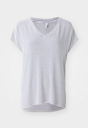 Ribadeega lühikeste varrukatega V-kaelusega t-särk valgete ja tumesiniste triipudega, millel on mugav lõike ja ümar serv. Puuvilla segu mugavuse nimel.